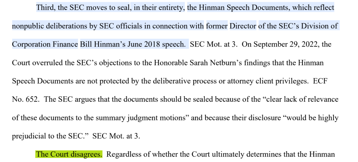 Ripple dành chiến thắng khi thẩm phán từ chối yêu cầu của SEC để niêm phong tài liệu Hinman