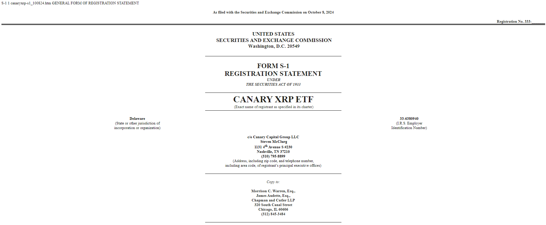 Canary Capital nộp đơn XRP ETF giao ngay với SEC