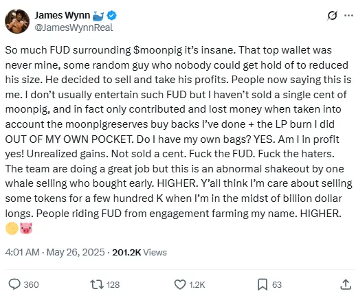Cá voi khổng lồ James Wynn phủ nhận việc bán memecoin Moonpig