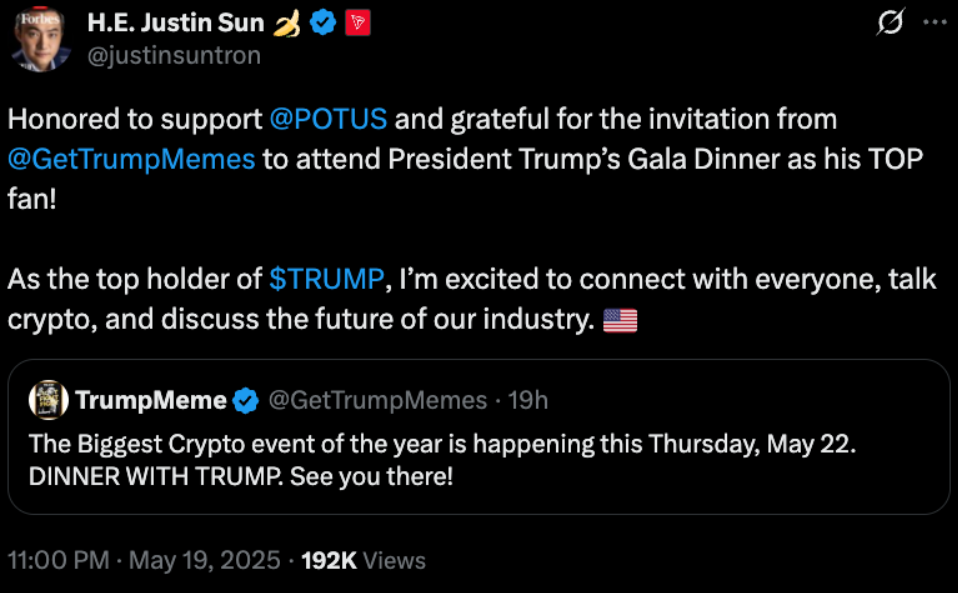 Justin Sun sẽ tham dự bữa tối của Trump với những người ủng hộ memecoin TRUMP