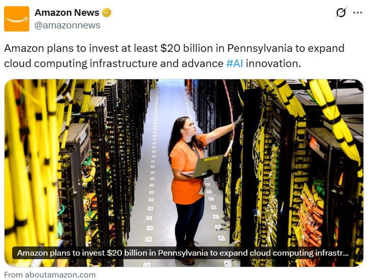 Amazon tăng gấp đôi đầu tư vào AI với khoản đầu tư 20 tỷ đô la vào Pennsylvania
