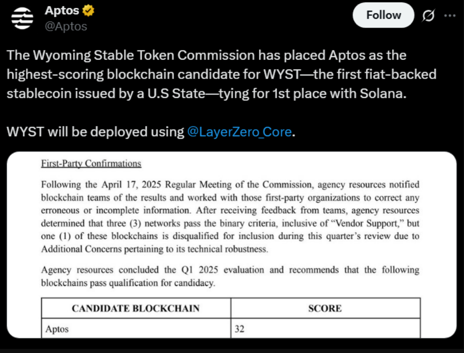 Ủy ban stablecoin Wyoming vinh danh Aptos là blockchain xếp hạng cao nhất