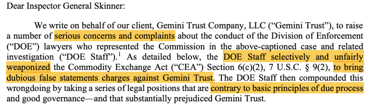 Gemini cáo buộc những người thực thi CFTC 