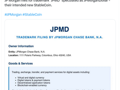 JPMorgan nộp đơn đăng ký nhãn hiệu 'JPMD' cho dịch vụ thanh toán tiền điện tử