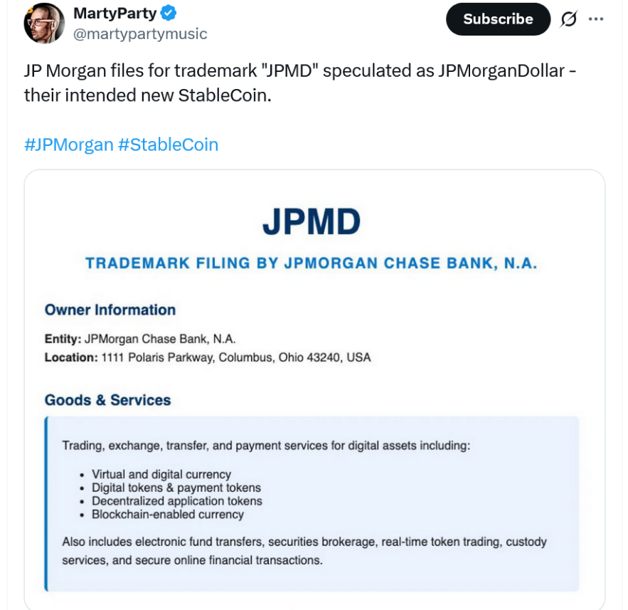 JPMorgan nộp đơn đăng ký nhãn hiệu 'JPMD' cho dịch vụ thanh toán tiền điện tử