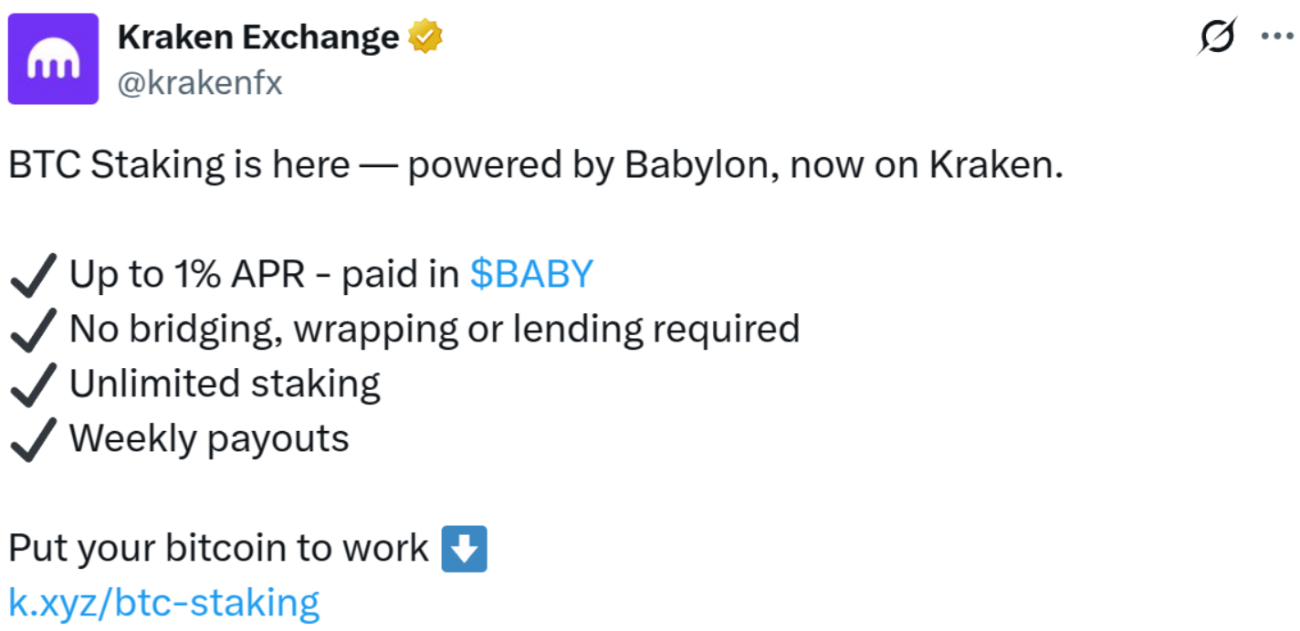 Kraken ra mắt dịch vụ staking Bitcoin với tích hợp Babylon
