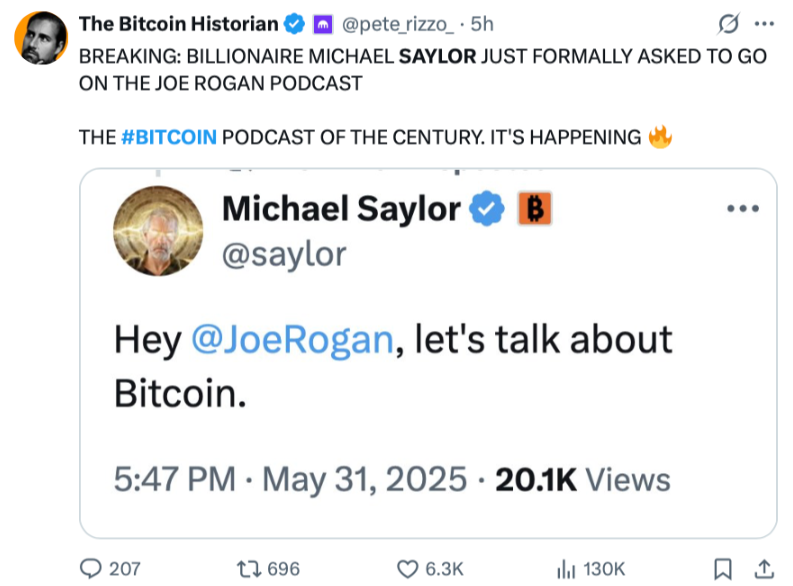 Michael Saylor muốn được thảo luận về Bitcoin trên podcast The Joe Rogan Experience.