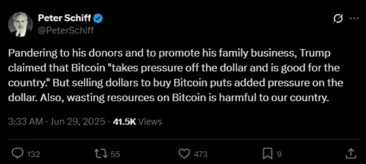 Peter Schiff cảnh báo chiến lược Bitcoin của Trump có thể làm suy yếu đồng đô la Mỹ