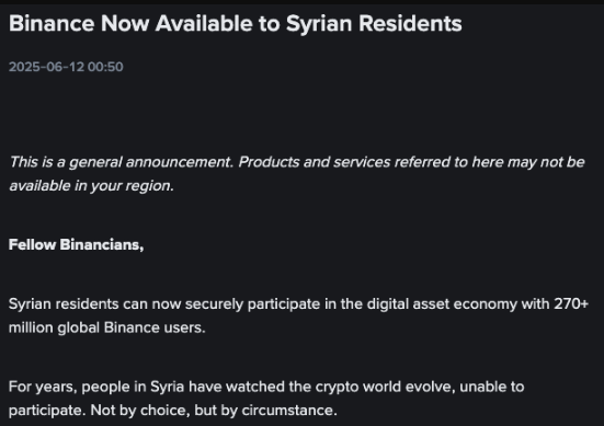 Sàn Binance ra mắt tại Syria sau khi Trump dỡ bỏ lệnh trừng phạt