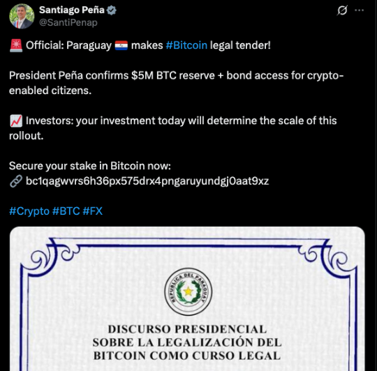 Paraguay cảnh báo về 'hoạt động bất thường' sau bài đăng khẳng định BTC là tiền tệ hợp pháp