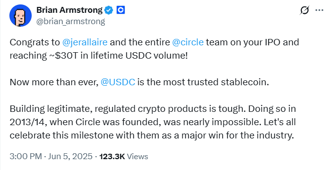CEO Coinbase gọi USDC là 'Stablecoin đáng tin cậy nhất' trong bối cảnh Circle IPO rầm rộ