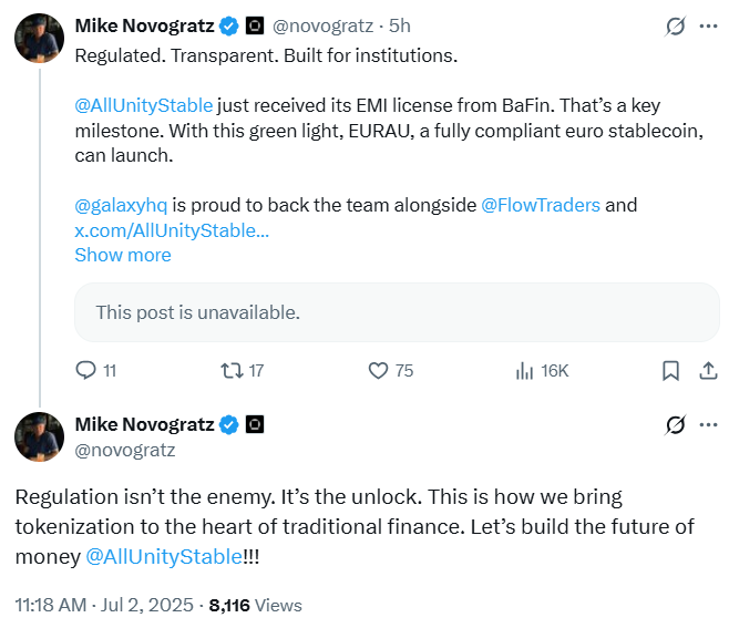 AllUnity được Galaxy Digital hỗ trợ đảm bảo giấy phép MiCA để thúc đẩy tăng trưởng Stablecoin