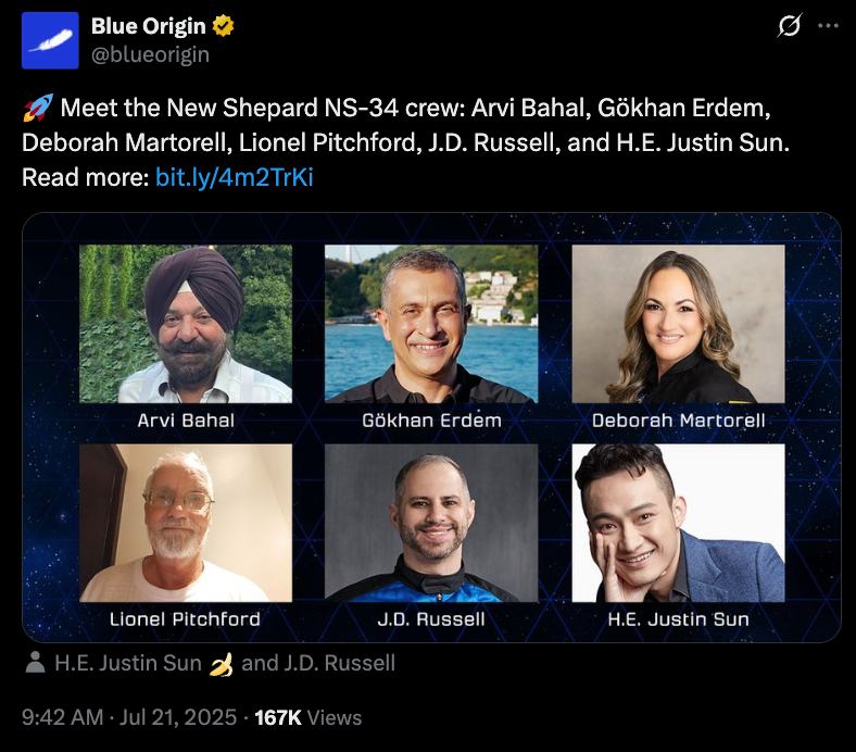 Justin Sun sẽ bay lên mặt trăng theo công ty công nghệ vũ trụ do Jeff Bezos sáng lập