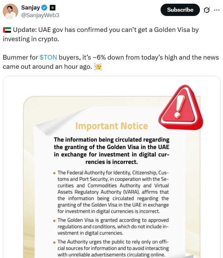 Giá TON giảm 6% sau khi chính quyền UAE từ chối yêu cầu cấp thị thực vàng