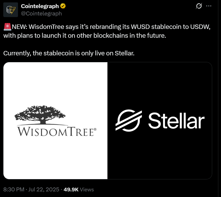 Stablecoin USDW của WisdomTree sẽ trả cổ tức cho các tài sản được mã hóa