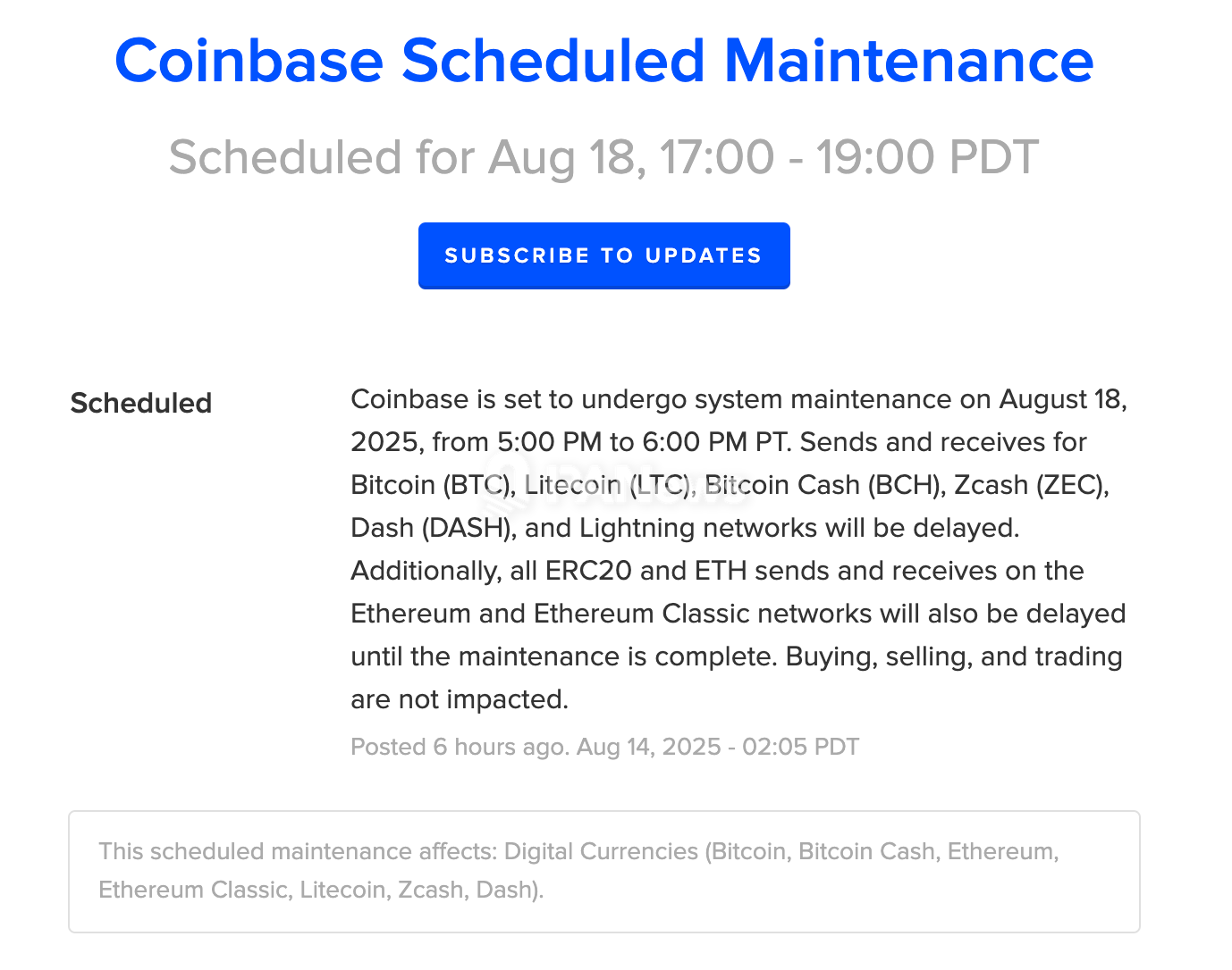 Coinbase sẽ thực hiện bảo trì hệ thống vào ngày 18 tháng 8