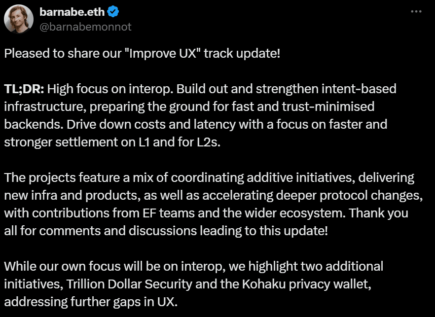 Ethereum công bố lộ trình UX táo bạo năm 2026 để cải thiện khả năng tương tác L2