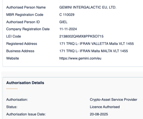 Gemini nhận được giấy phép MiCA tại Malta sau khi phê duyệt sản phẩm phái sinh vào tháng 5