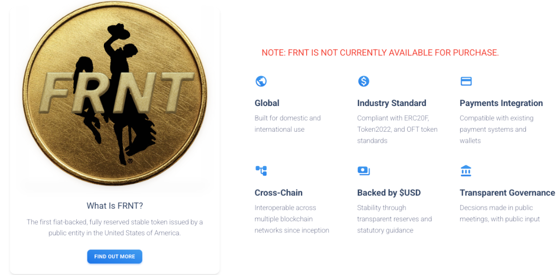 Wyoming ra mắt stablecoin FRNT được Visa hỗ trợ trên 7 blockchain